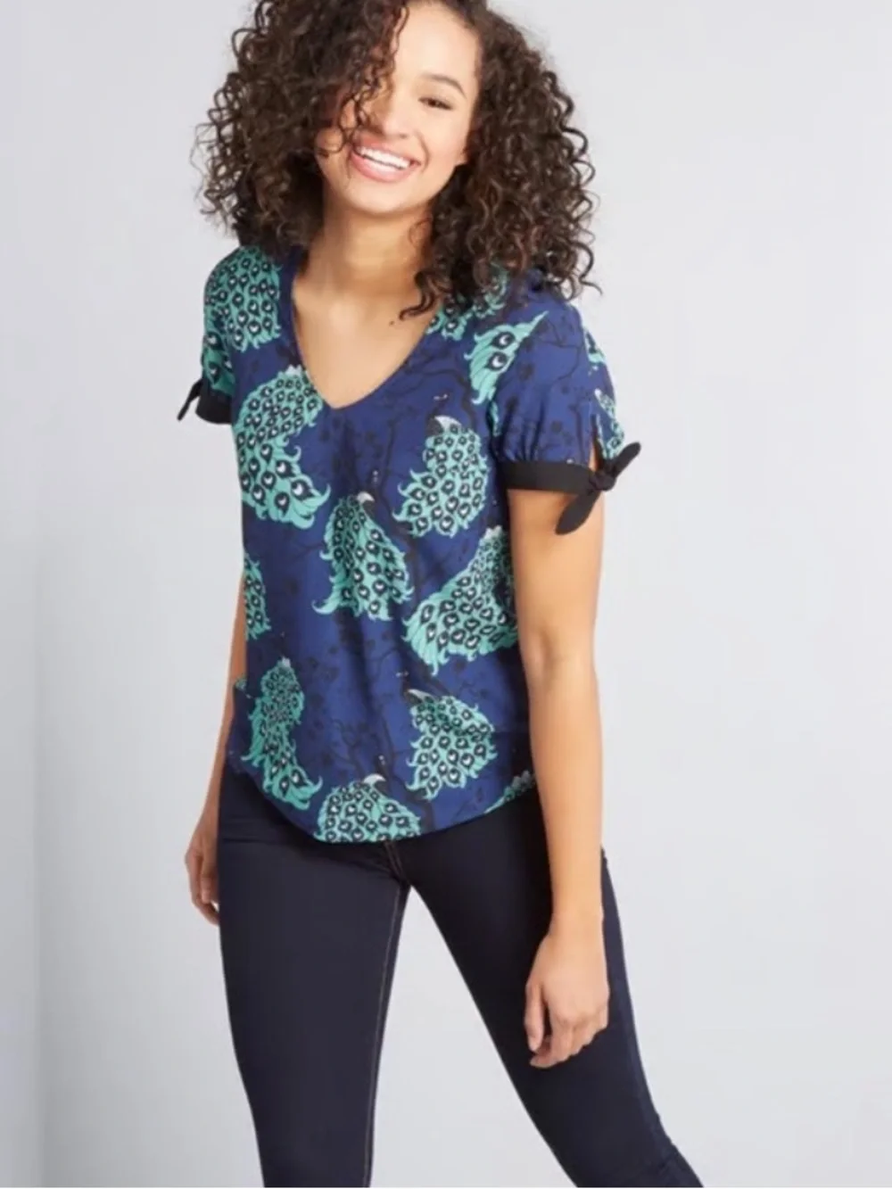 ModCloth × Dupenny Ideal Discovery Peacock Print Short Sleeve Top size L